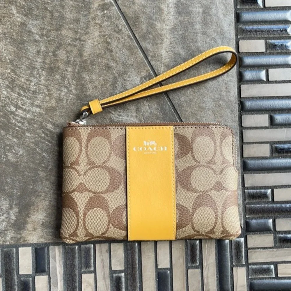 COACH Signature PVC Leather Corner Zip Wristlet